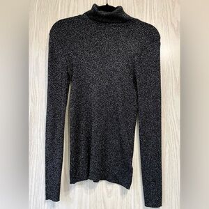 Express M Tight Ribbed Black Silver Metallic Turtleneck Sweater Sparkle EUC